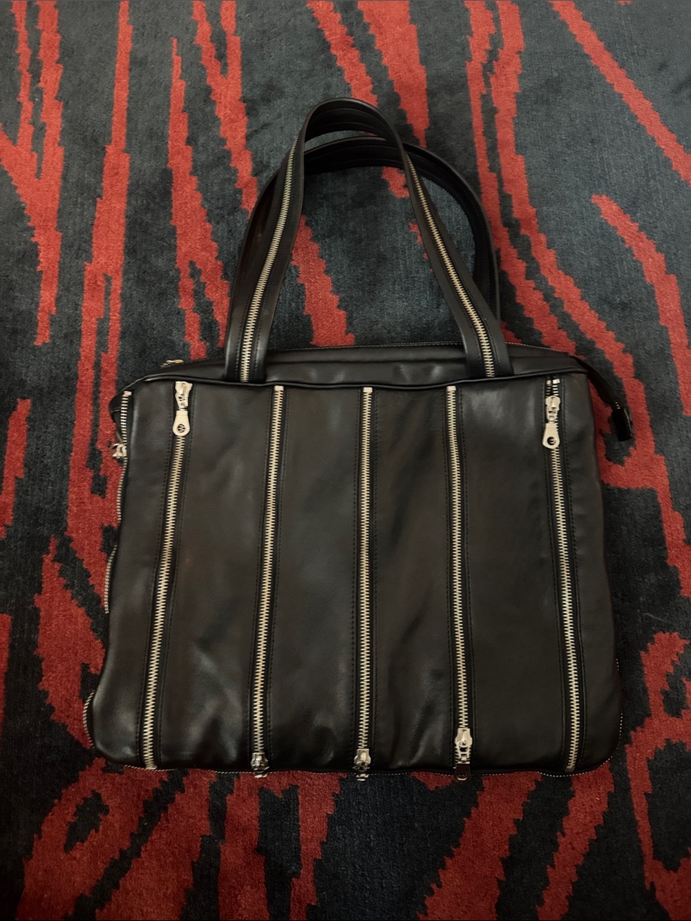 Daniel Black Leather Tote Bag with Silver Zipper Detail